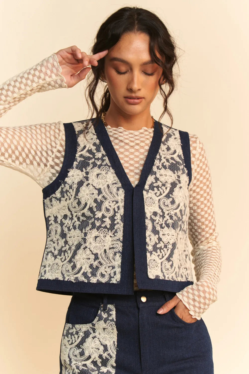 Davi and Dani Lace Patch Open Front Denim Vest