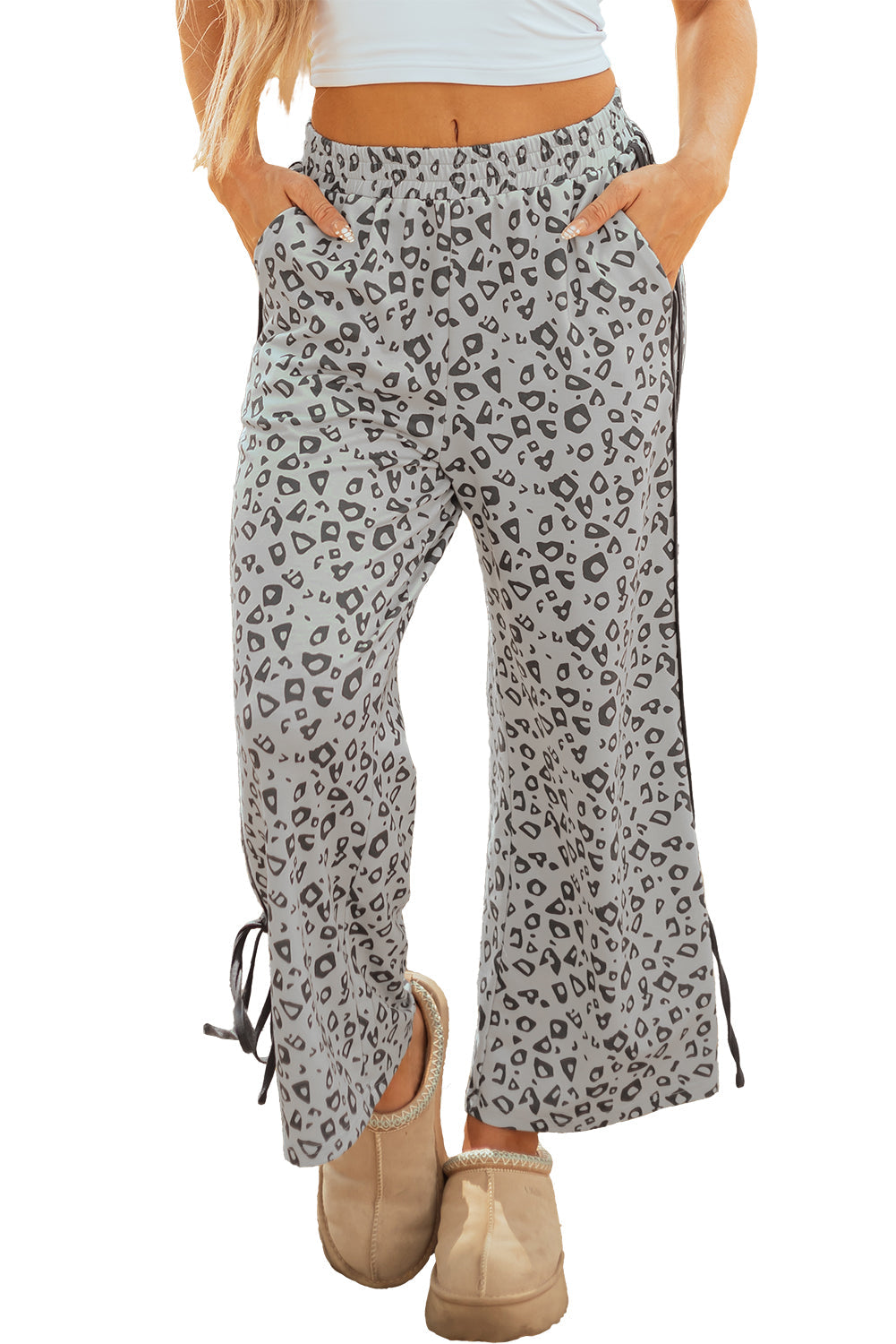 Gray Leopard High Waist Side Bow Straight Leg