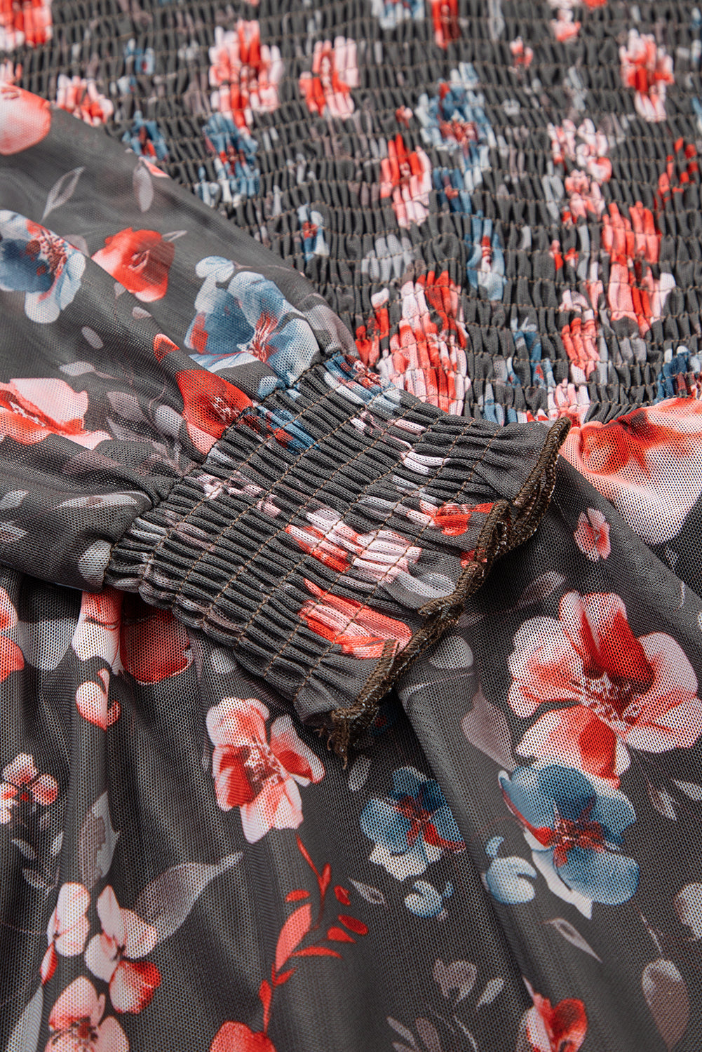 Brown Frilly Smocked Bodice Mesh Long Sleeve Mini Dress