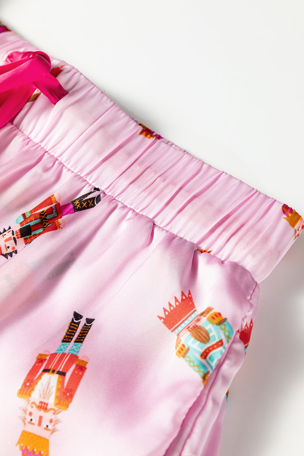 Pink Nutcracker Print Two Piece Pajama Set Contrast Trim Bow