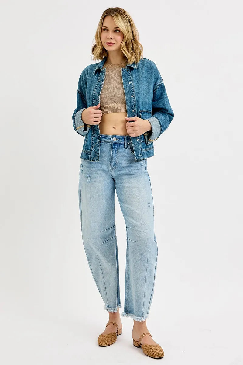 RISEN Oversized Cargo Pocket Denim Jacket Cuffed Sleeves