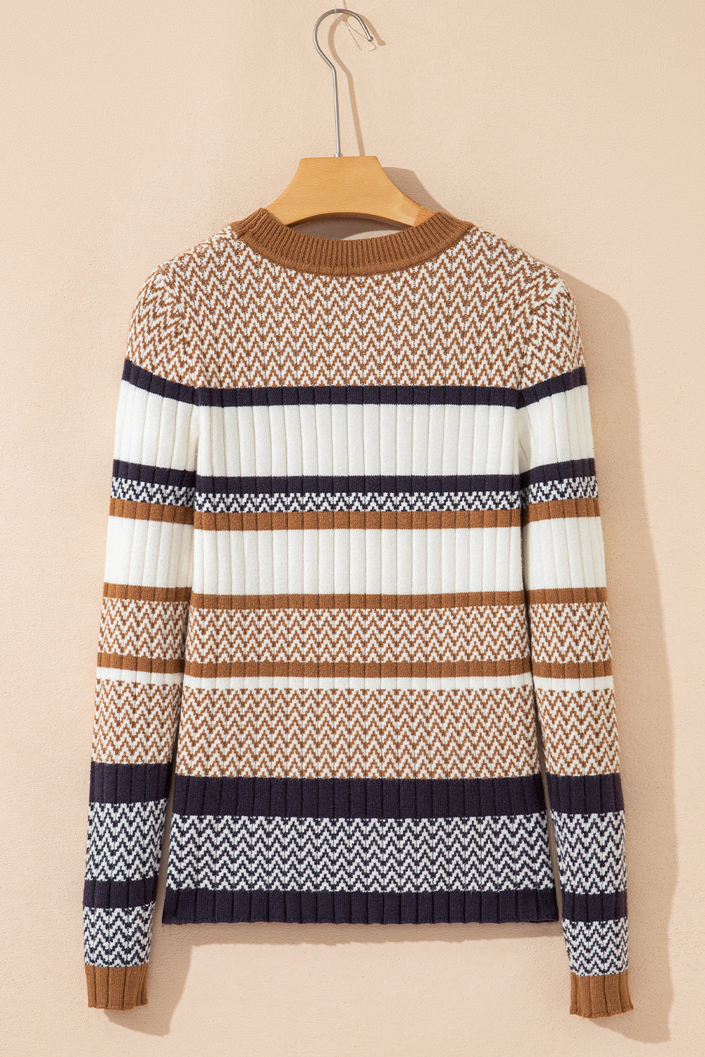 Premium Brown Stripe Knit Slim Sweater With Ribbed Trim Detail