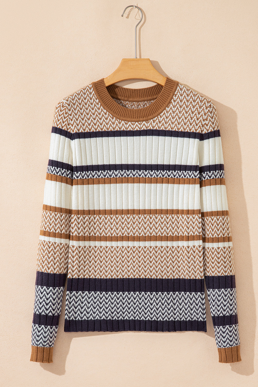 Premium Brown Stripe Knit Slim Sweater With Ribbed Trim Detail