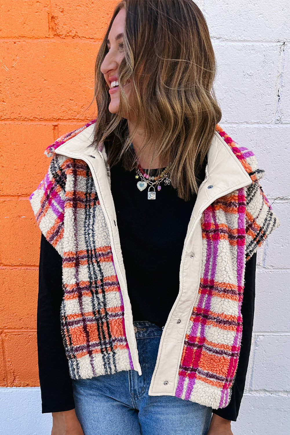 Rose Sherpa Plaid Jacket Vest