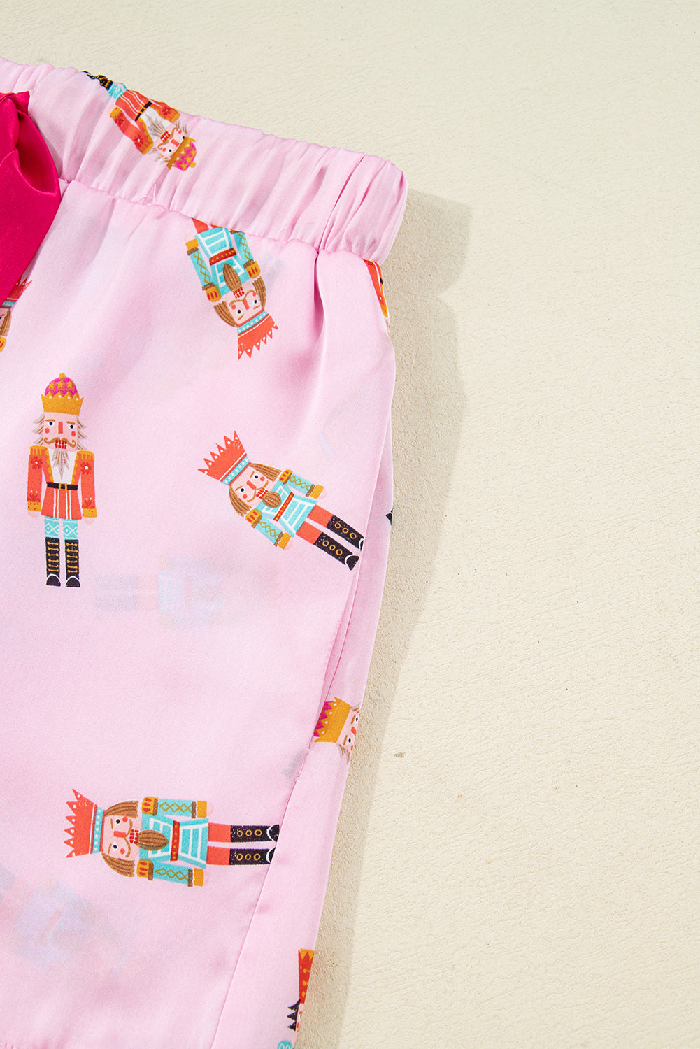 Pink Nutcracker Print Two Piece Pajama Set Contrast Trim Bow