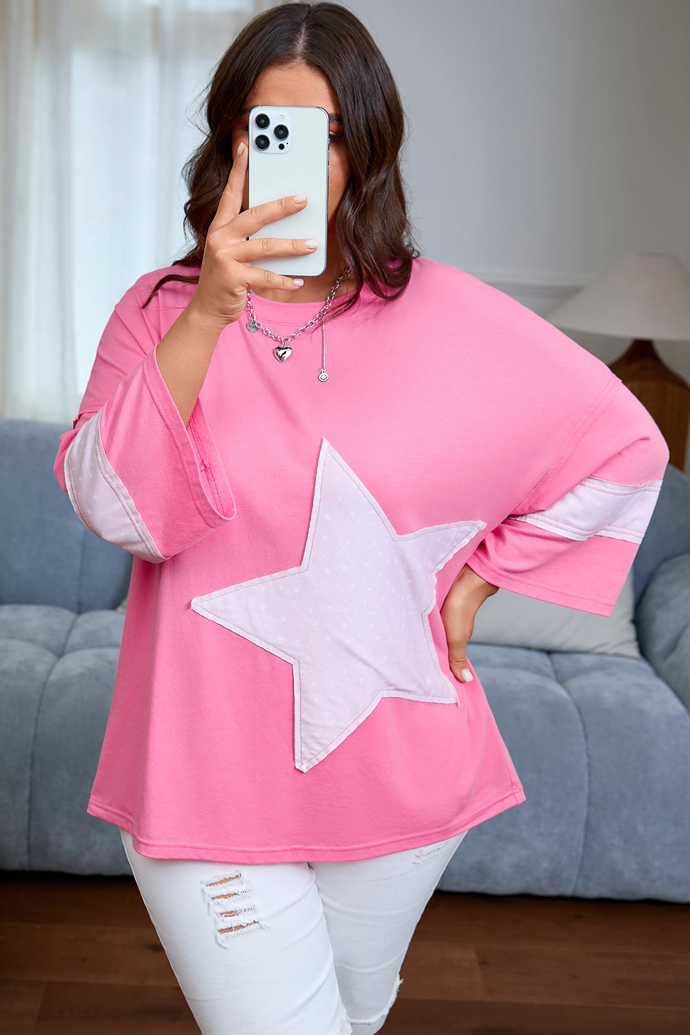 Plus Size Pink Star Patched Colorblock Raw Edge Loose Tee