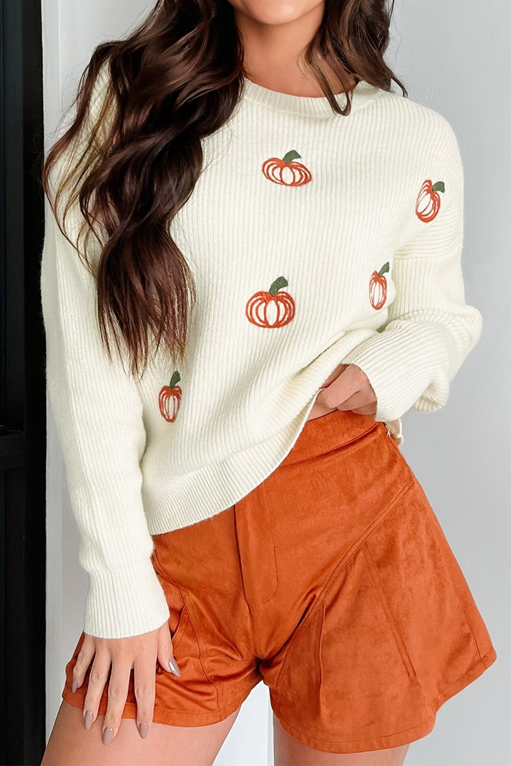 Beige Pumpkin Embroidered Ribbed Thanksgiving Sweater