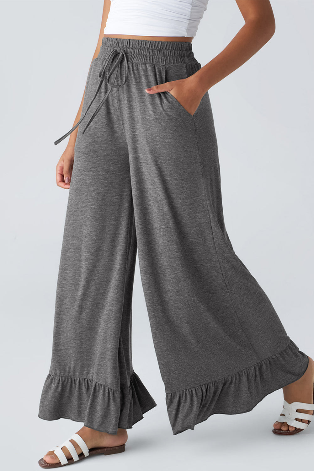 Medium Grey Ruffled Wide Leg High Waist Pants With Pockets