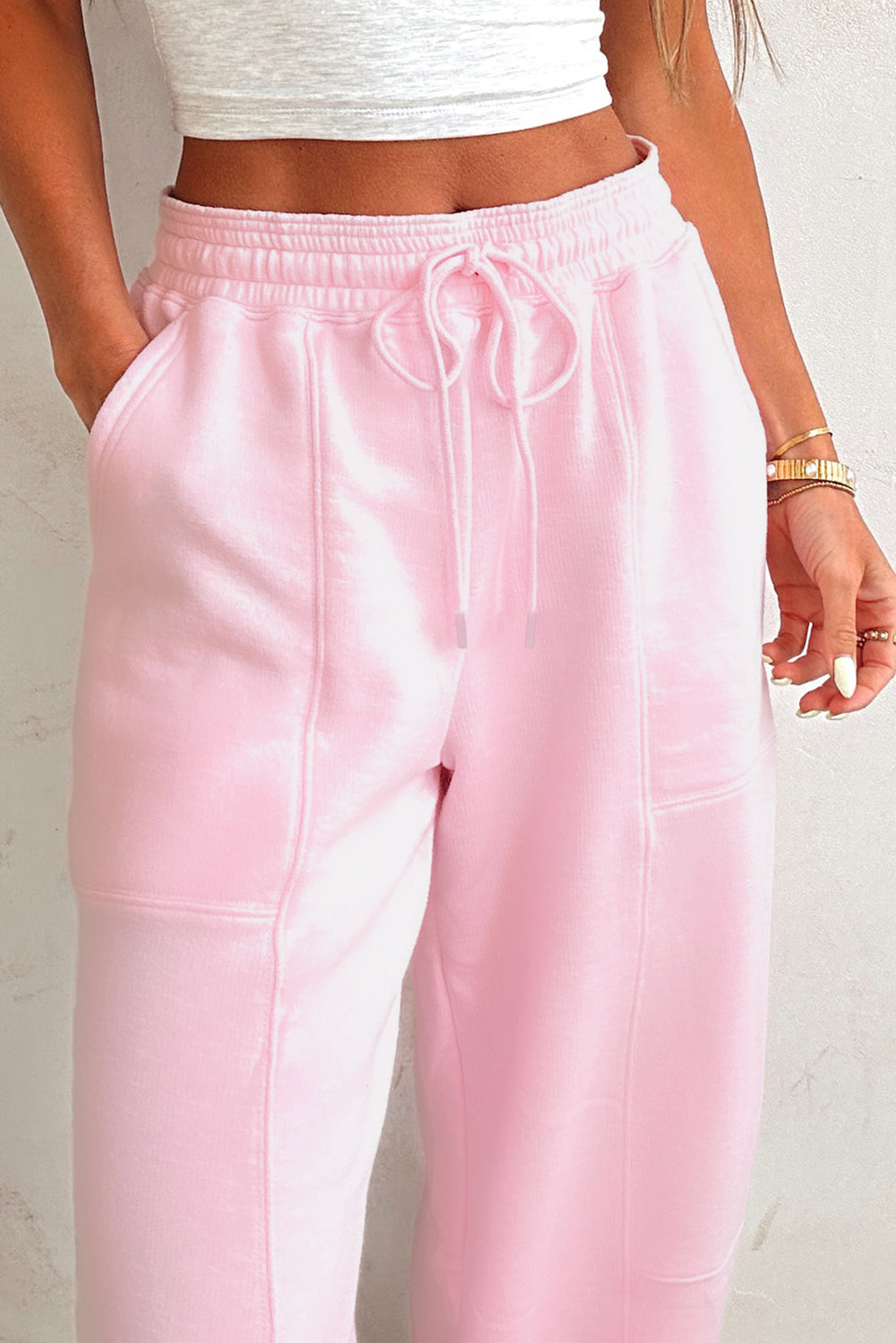 Light Pink Drawstring Waist Patchwork Solid Color Jogger Pants