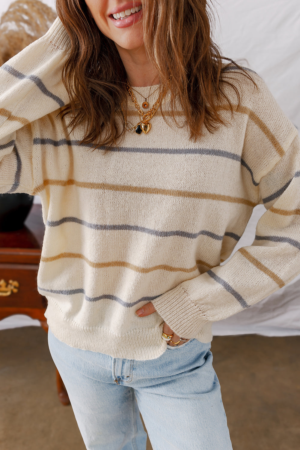 Premium Multicolour Striped Ribbed Edge Drop Shoulder Sweater