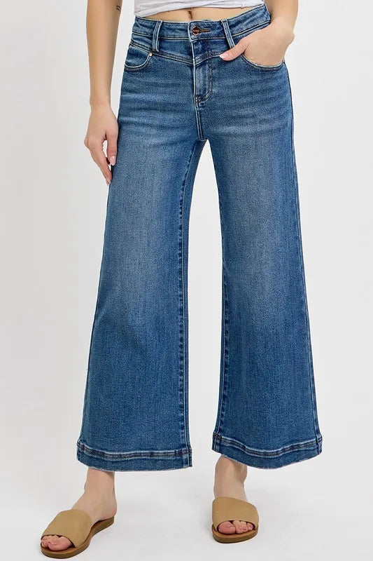 Risen Full Size High Rise Crop Wide Leg Front Yoke Detail Jeans Plus Size