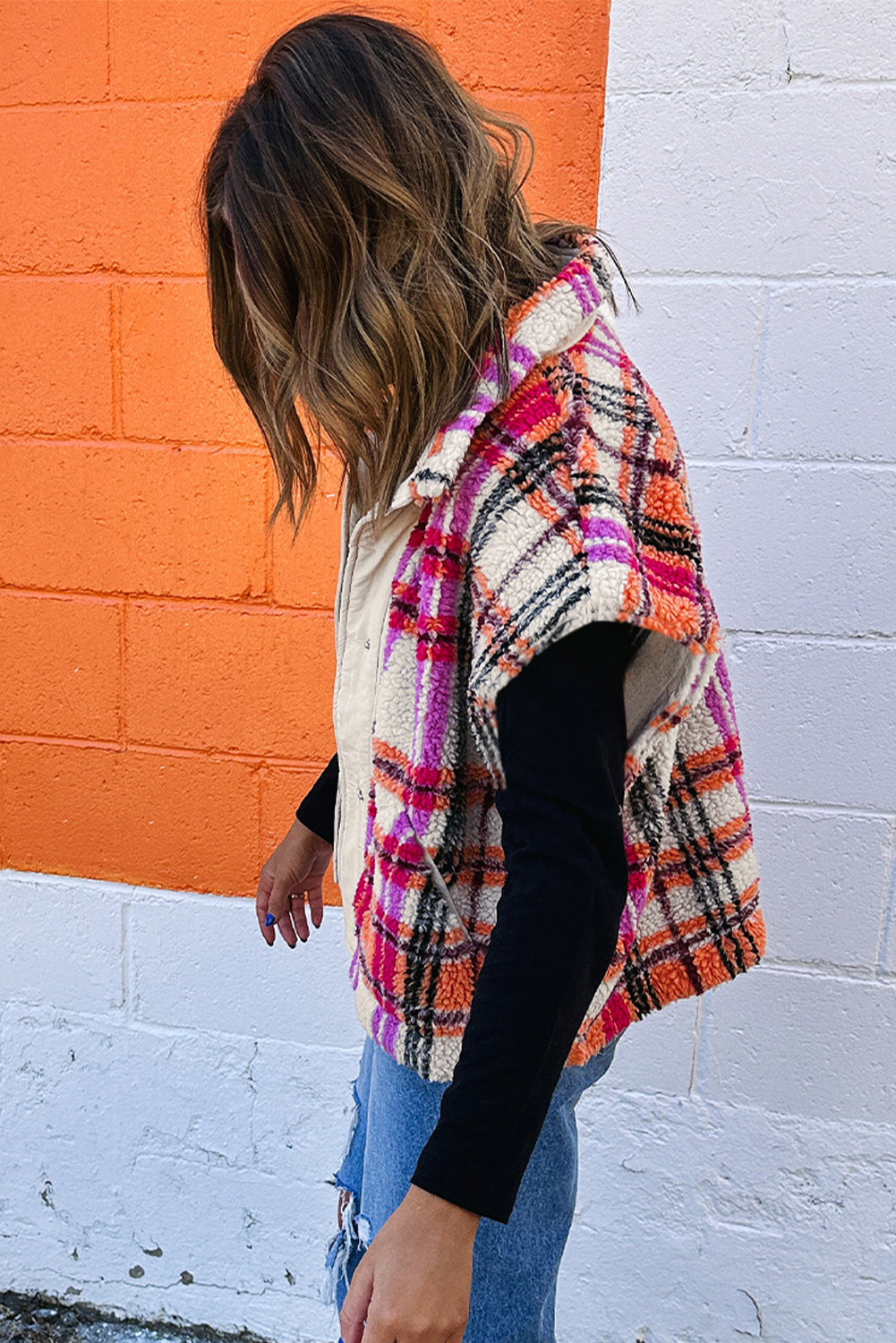 Rose Sherpa Plaid Jacket Vest