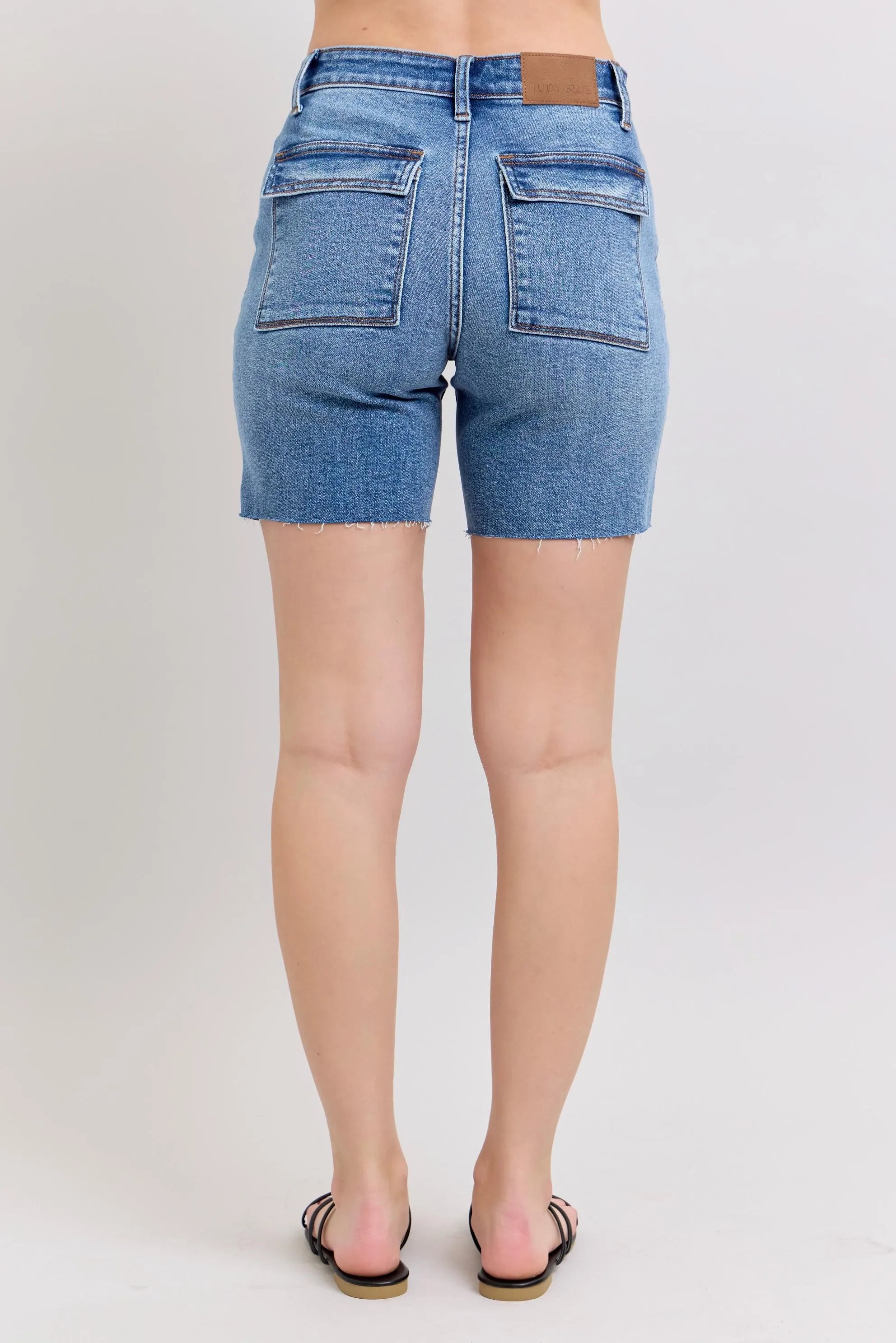 Judy Blue Mid Rise Bermuda Denim Shorts With Back Pockets