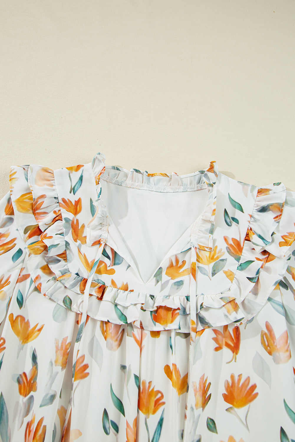 Yellow Floral Print Tie Neck Frilled Long Sleeve Mini Dress