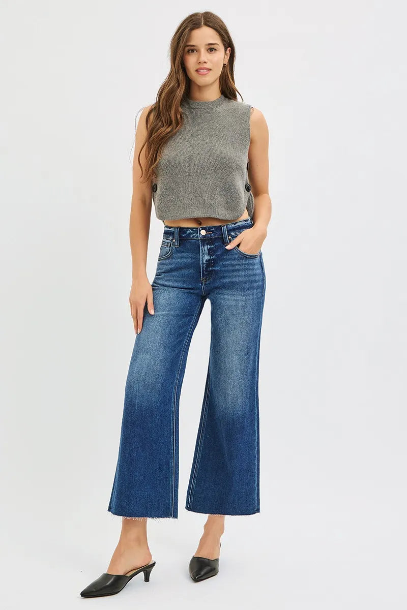 Risen Plus Size Mid Rise Crop Wide Raw Cut Hem Jeans