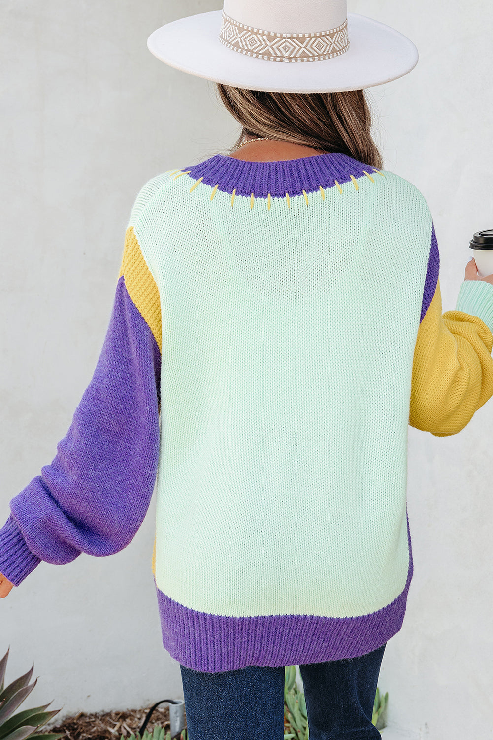Premium Green Stitched V Neck Color Block Knitted Drop Shoulder Sweater