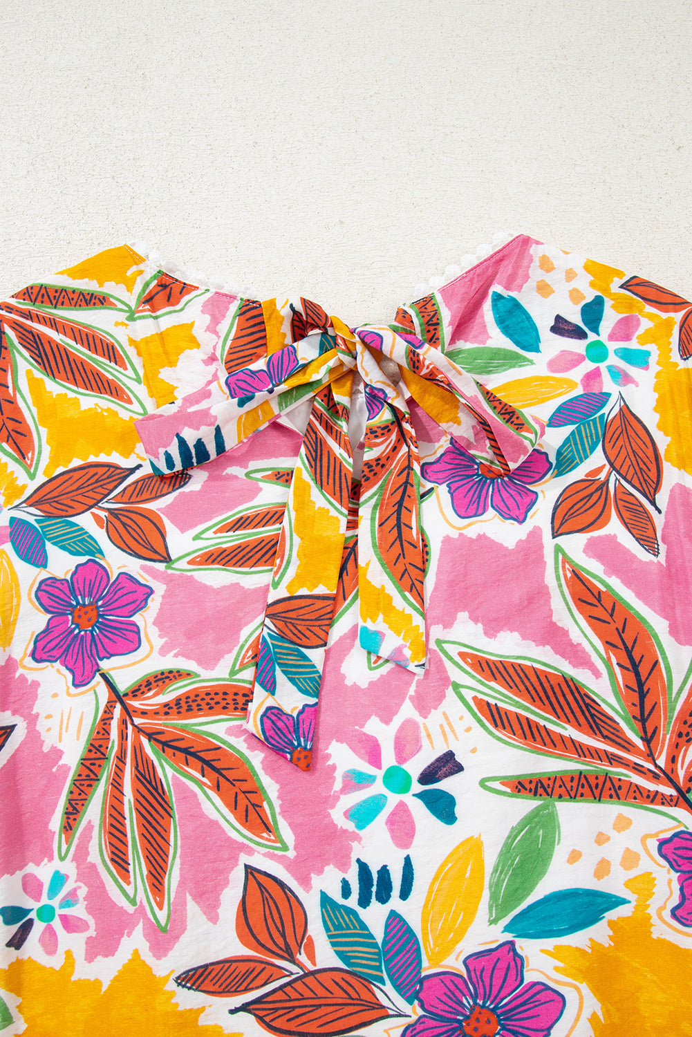 Premium Pink Floral Print Lace Trimmed Tie Back Bell Sleeve Dress