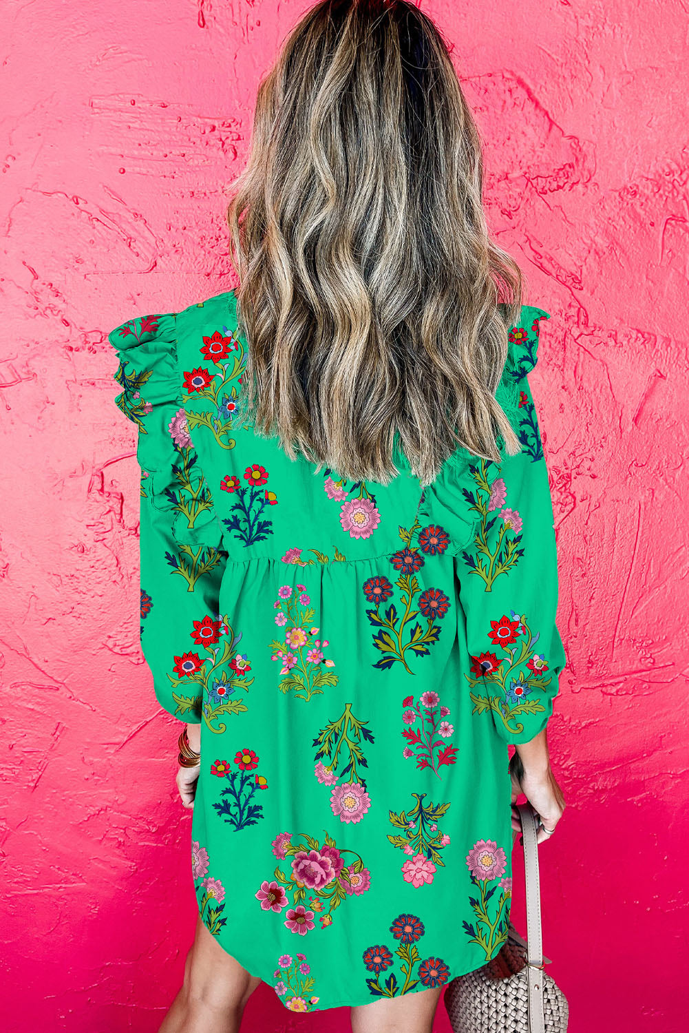 Premium Green Floral Ruffled Three Quarter Sleeve Buttoned Dress