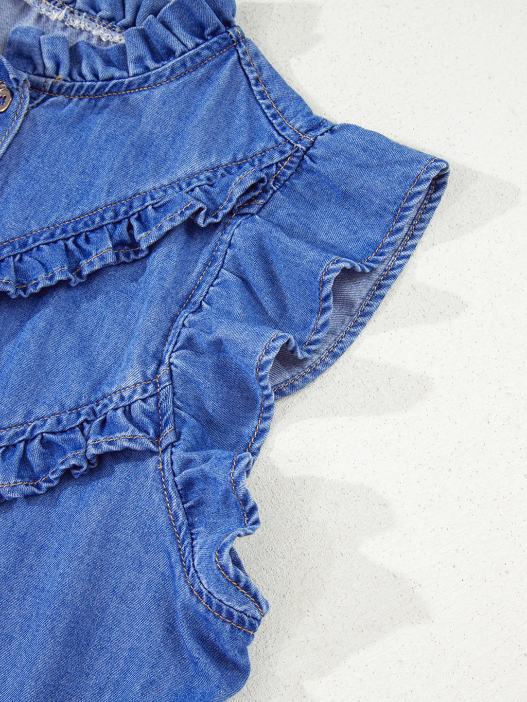 Mineral Wash Cap Sleeve Frilled Button Up Denim Shirt