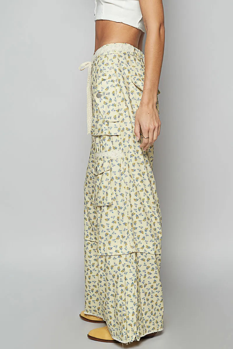 POL Floral Cargo Wide Leg Pants with Lace Drawstring