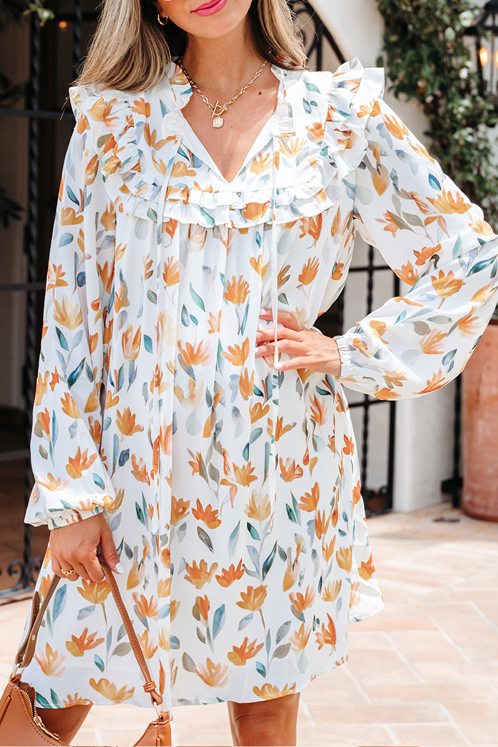 Yellow Floral Print Tie Neck Frilled Long Sleeve Mini Dress