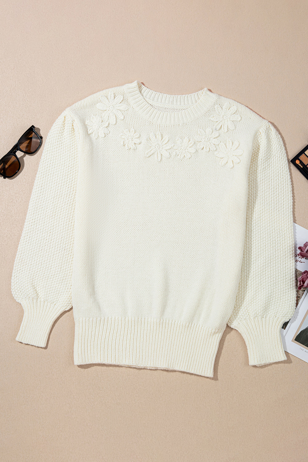 White Flower Round Neck Textured Puff Sleeve Sweater
