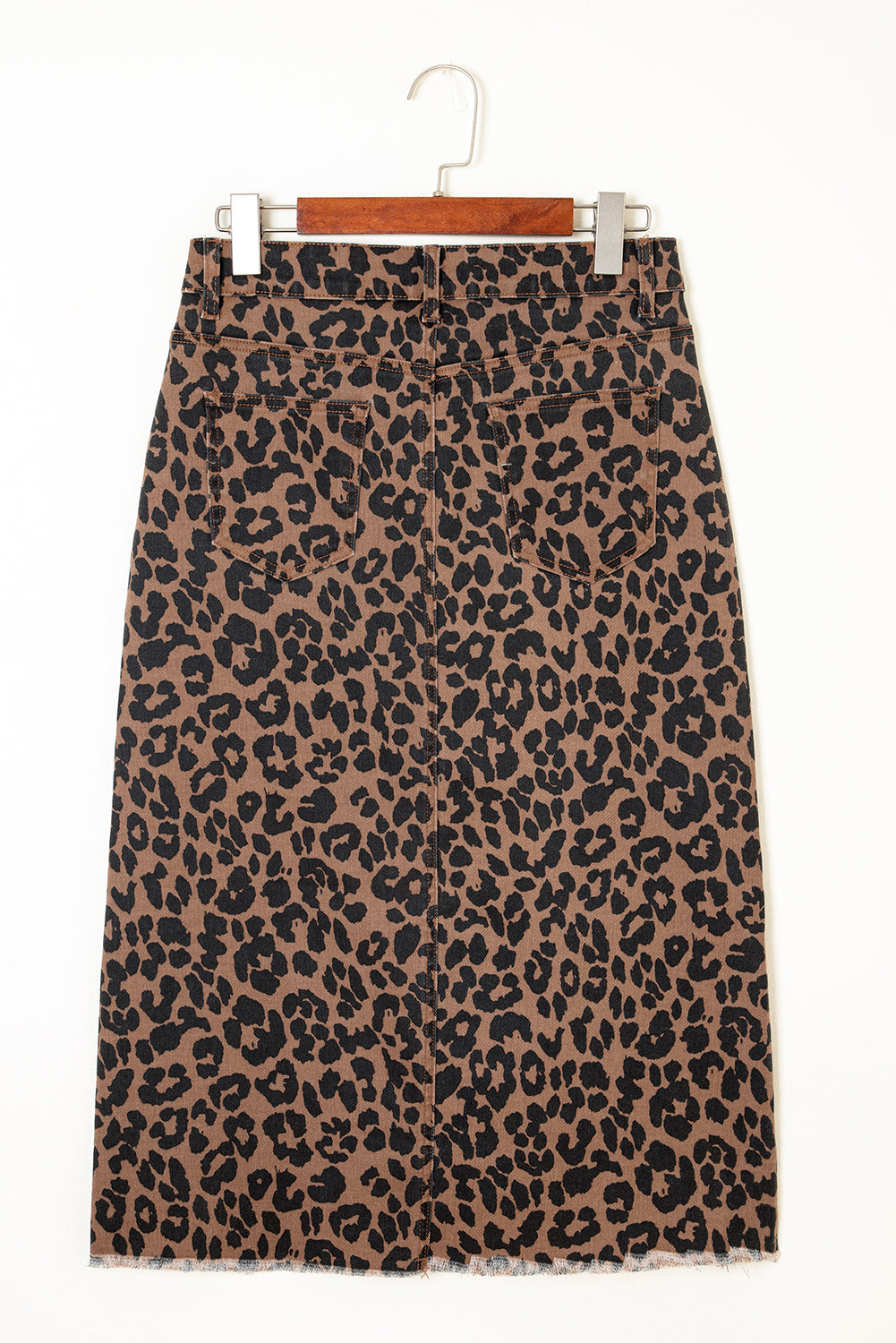Brown Leopard Denim Frayed Split Denim Midi Skirt For Women