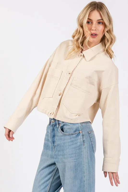 Bytos Button Down Cropped Denim Jacket With Patch Pockets In Cream