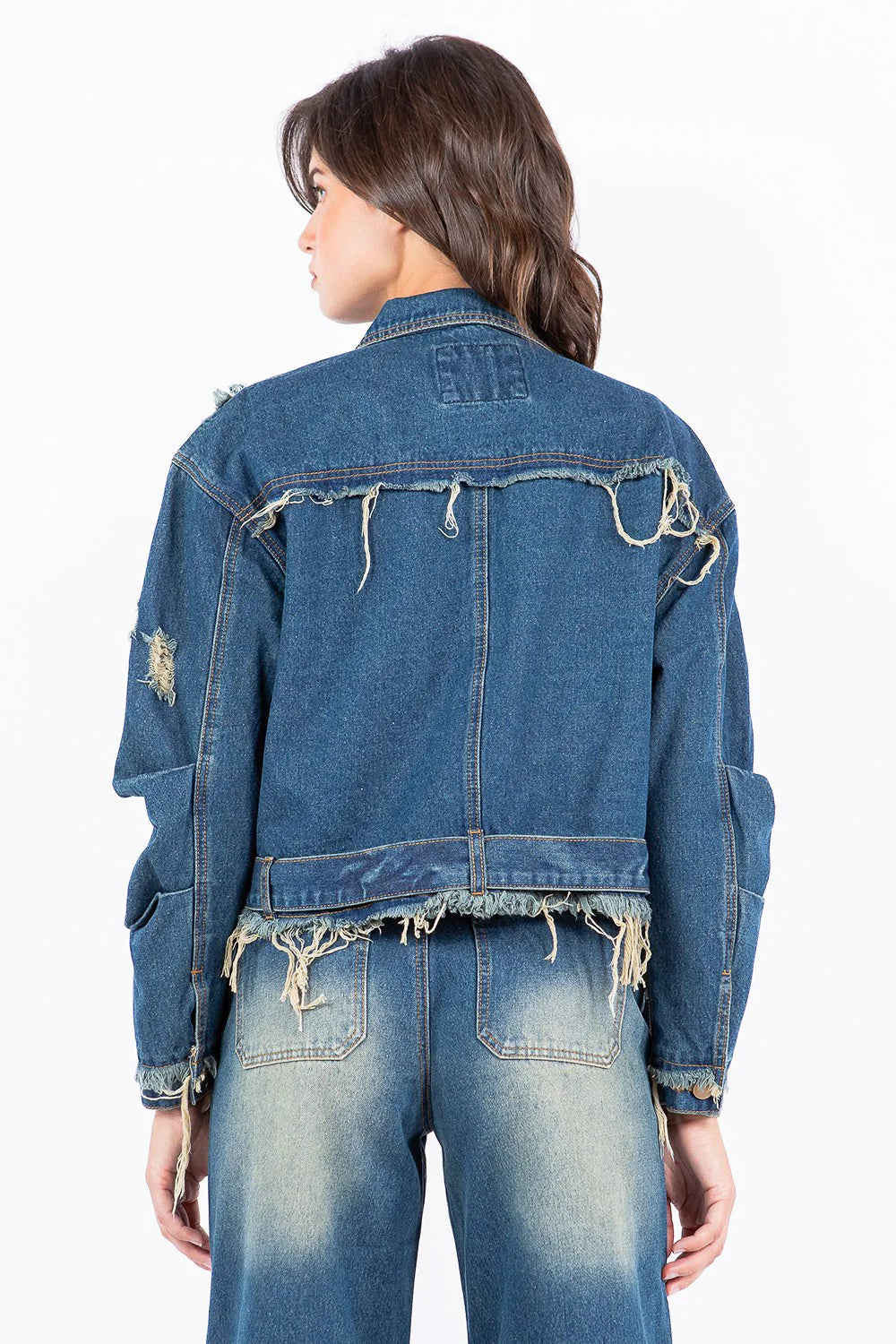 Trendsi American Bazi Full Size Distressed Frayed Edge Zip Up Denim Jacket Plus Size
