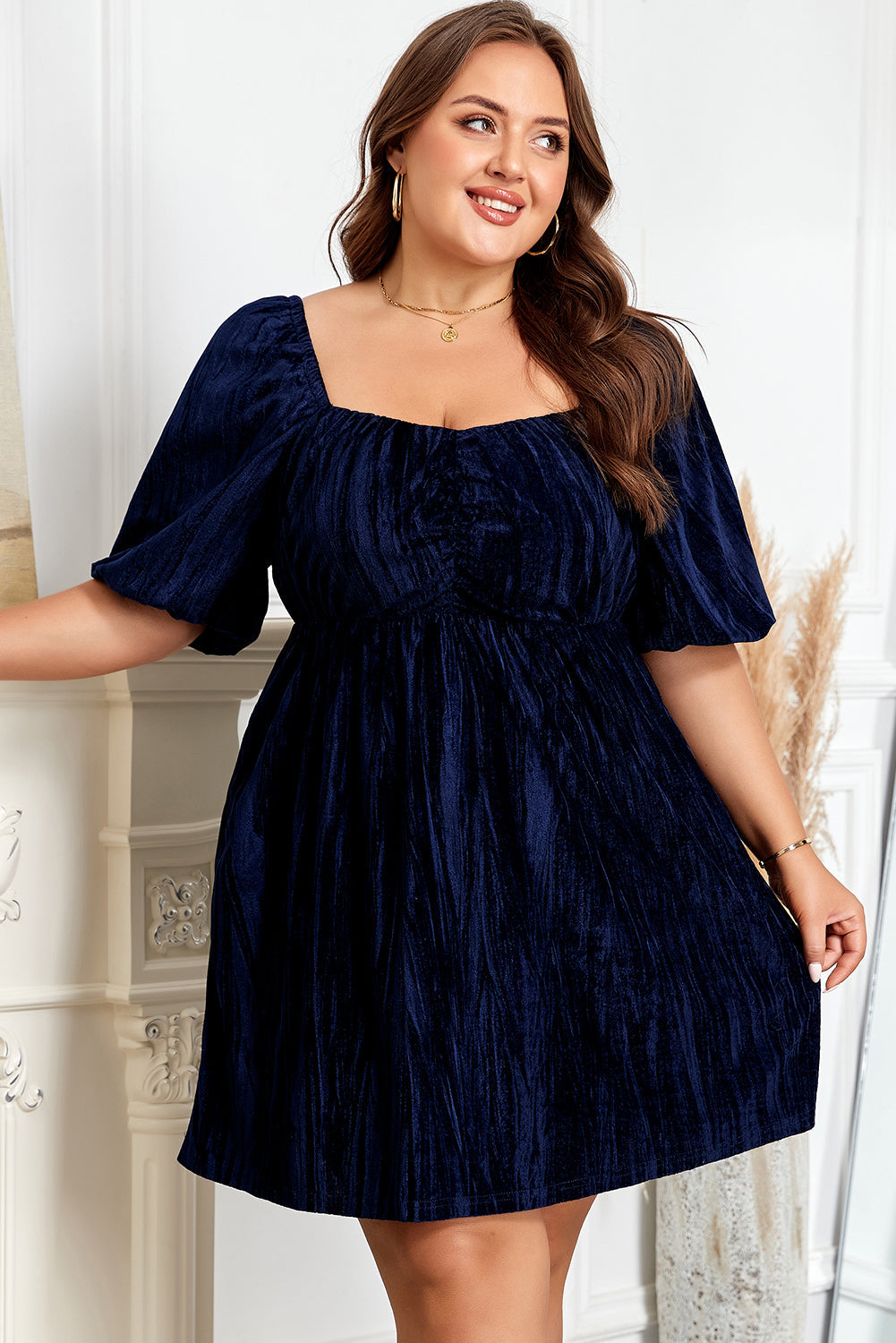 Navy Velvet Ruched Bust Square Neck Short Puff Sleeve Dress