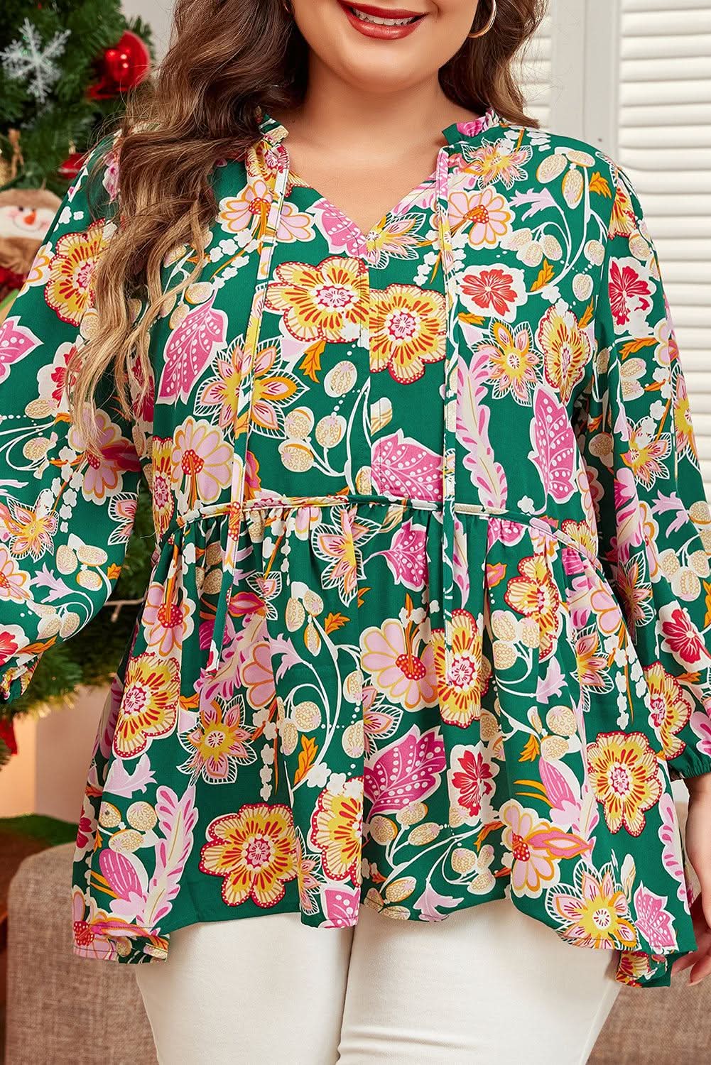 Green floral plus size babydoll top