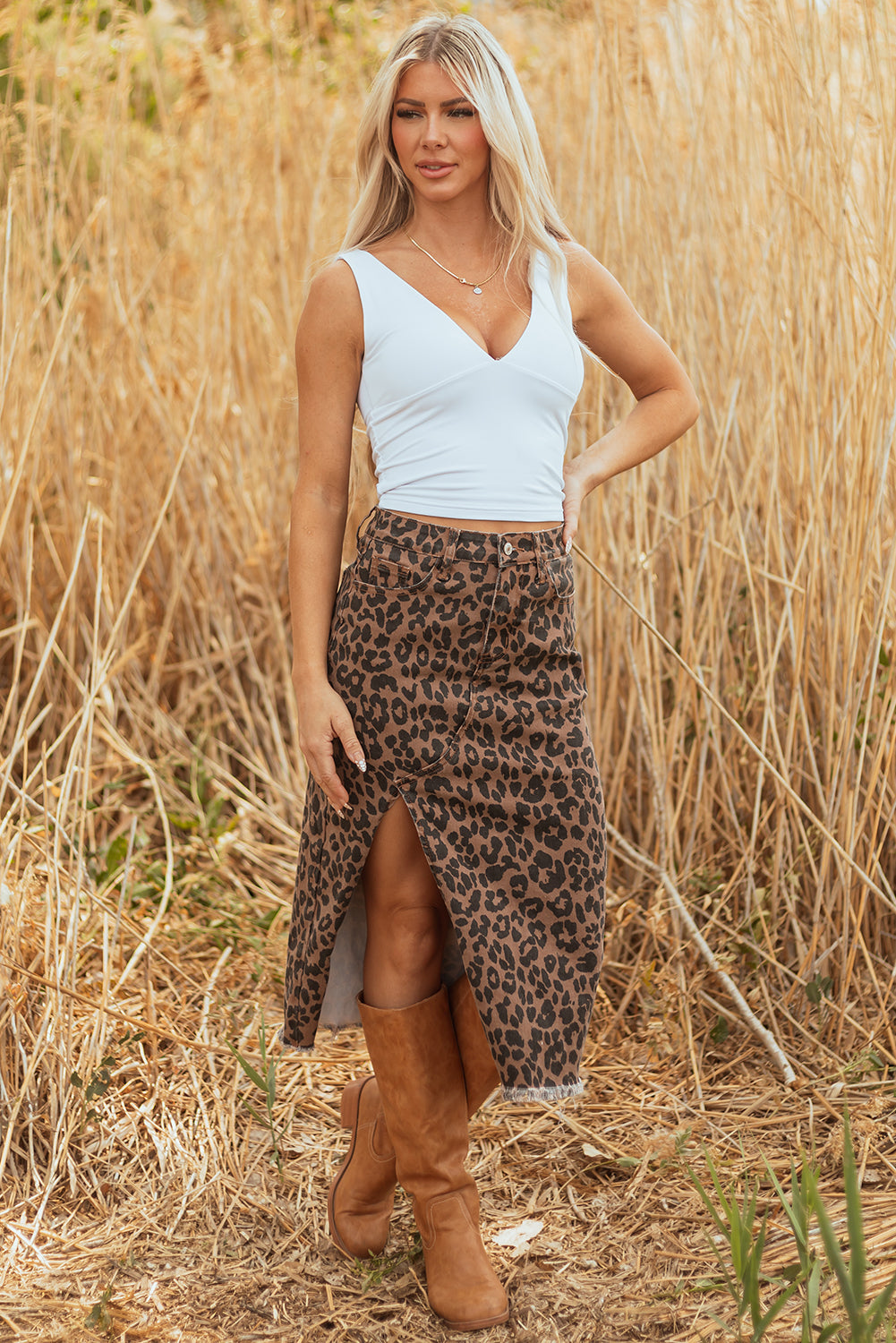 Brown Leopard Denim Frayed Split Denim Midi Skirt For Women