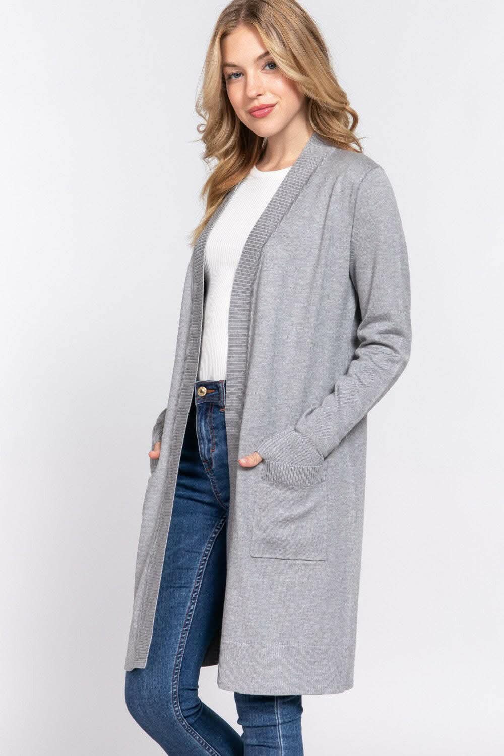 Trendsi ACTIVE BASIC Long Sleeve Knit Cardigan - Open Front Rib Trim Activewear