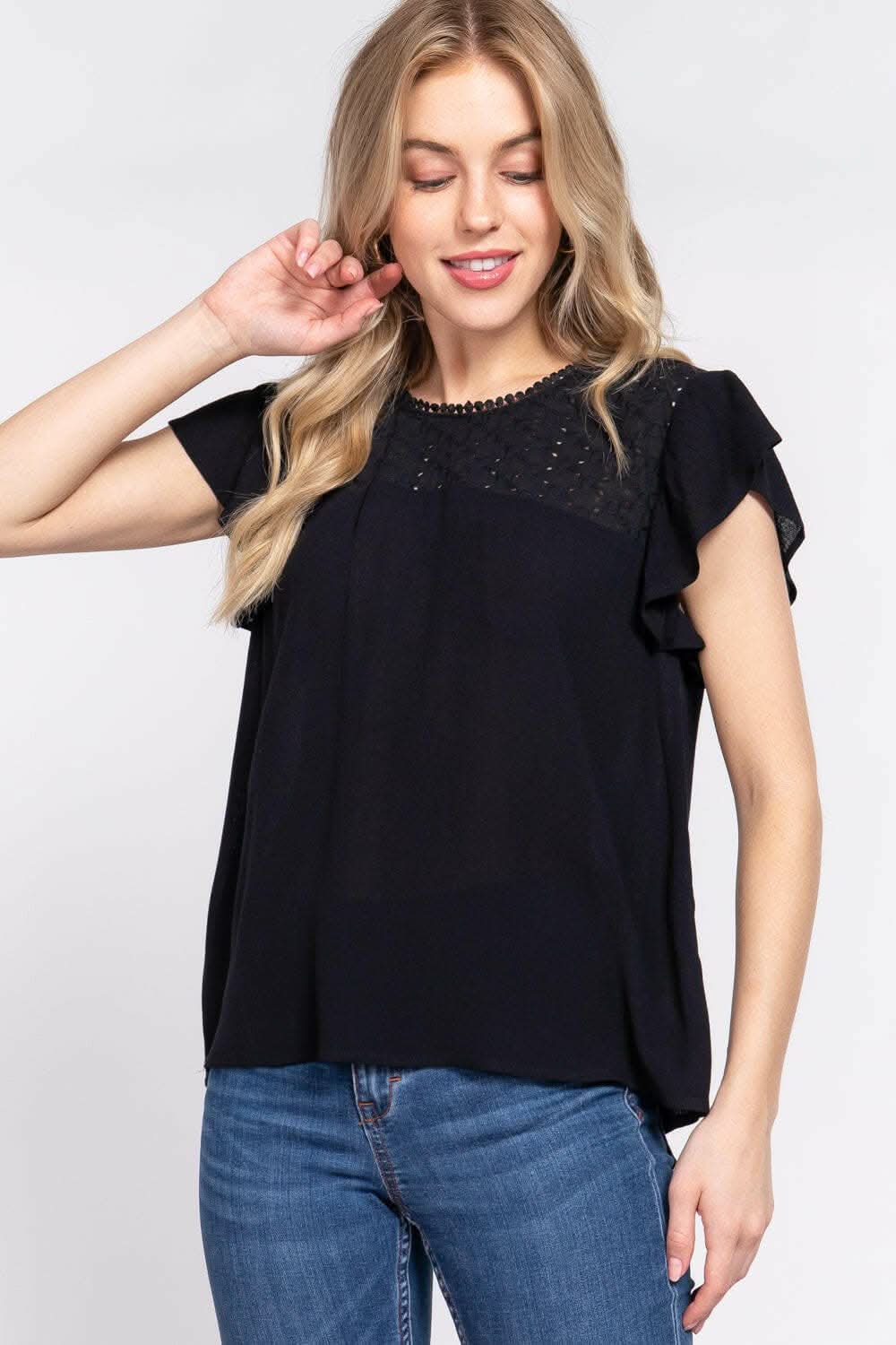 Trendsi ACTIVE BASIC Ruffle Short Sleeve Crochet Blouse - Women's Fashion Top