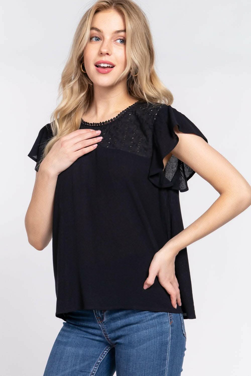 Trendsi ACTIVE BASIC Ruffle Short Sleeve Crochet Blouse - Women's Fashion Top