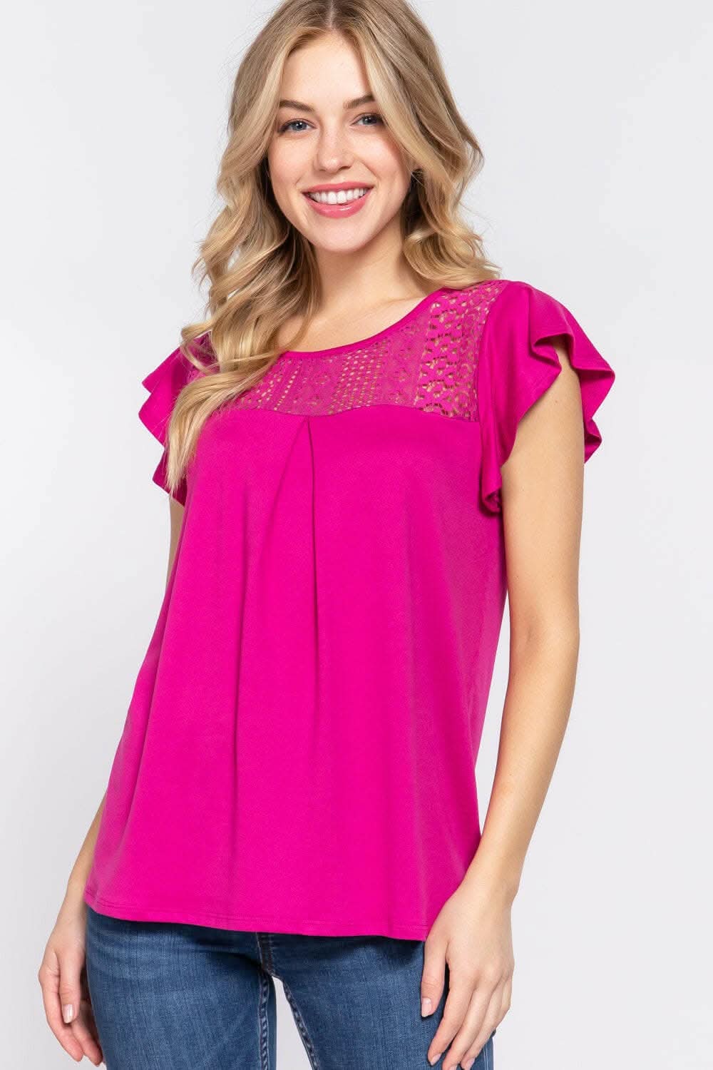 Trendsi Ruffle Knit Top Blouse Magenta Small Lace Detail