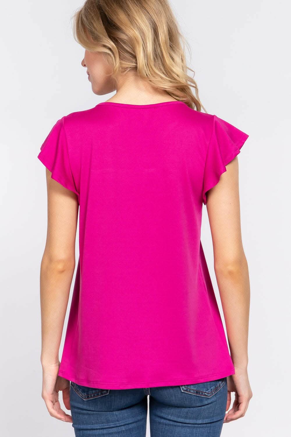 Trendsi Ruffle Knit Top Blouse Magenta Small Lace Detail