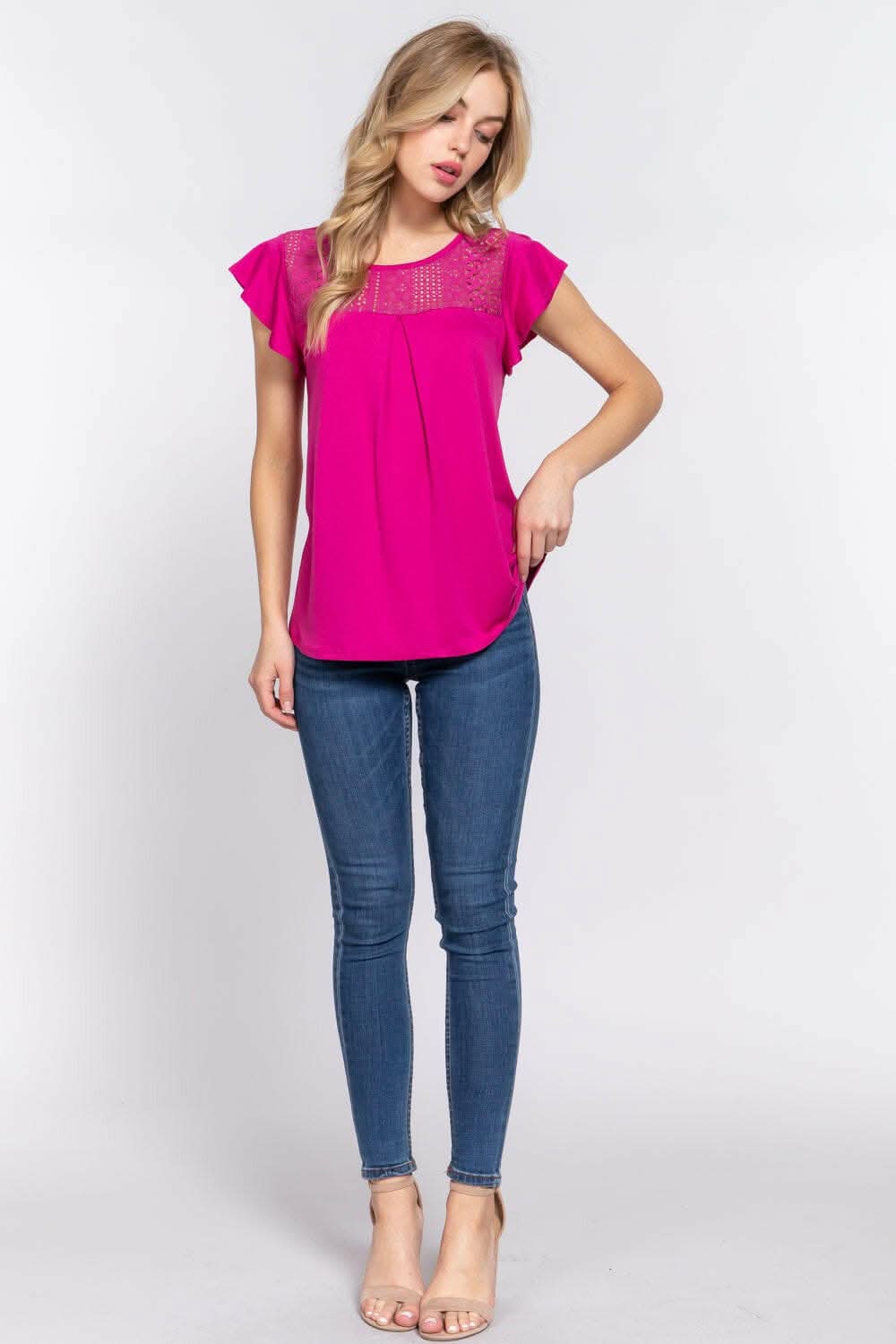 Trendsi Ruffle Knit Top Blouse Magenta Small Lace Detail
