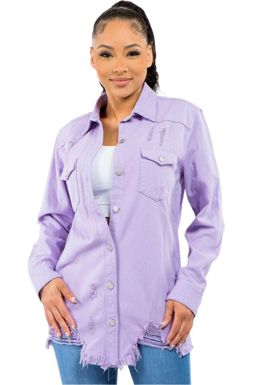 Trendsi American Bazi Frayed Hem Distressed Denim Jacket - Women's Fashion Jeans & Denim Outerwear