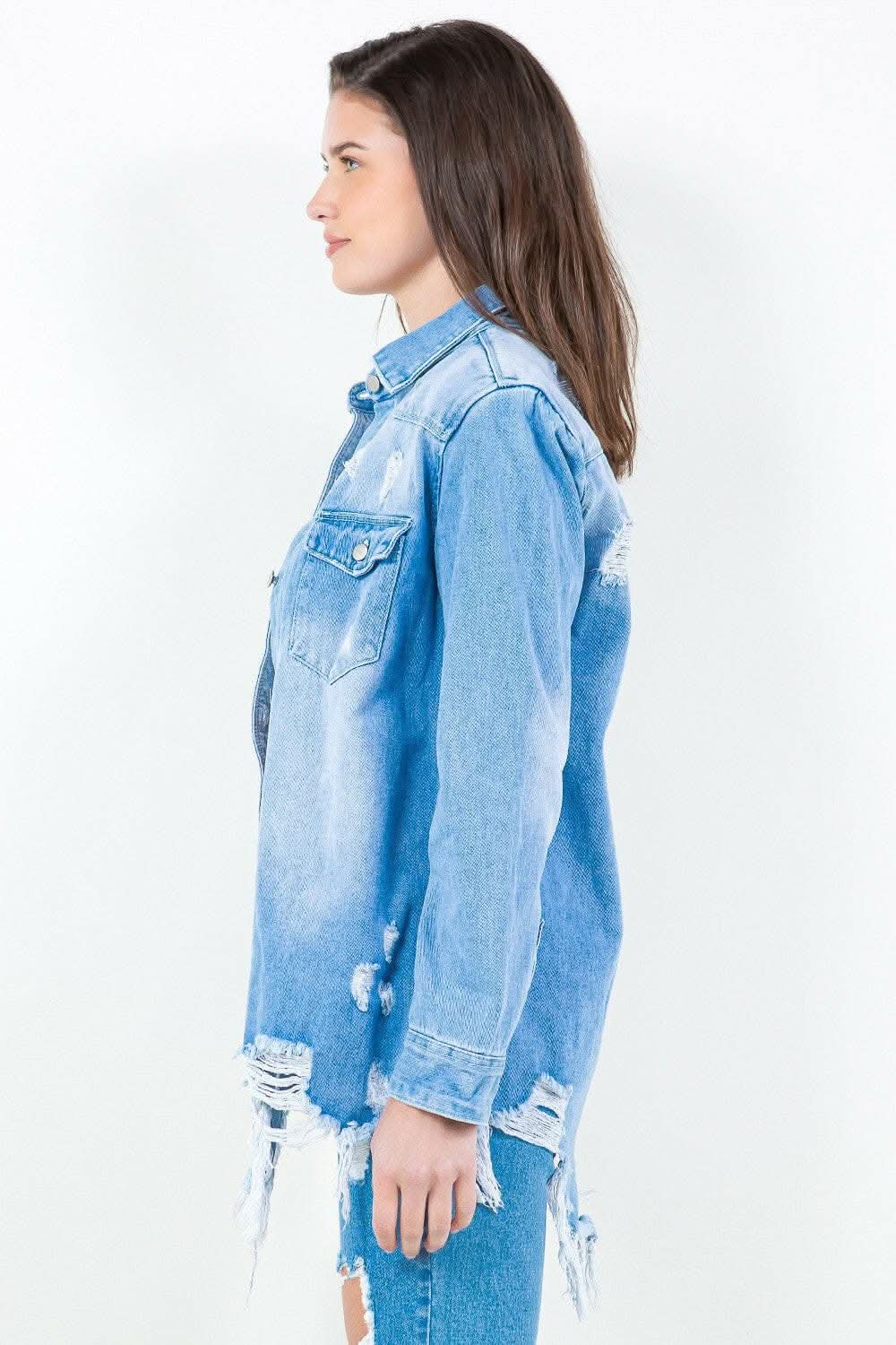 Trendsi American Bazi Frayed Denim Shirt Jacket Light Blue Small