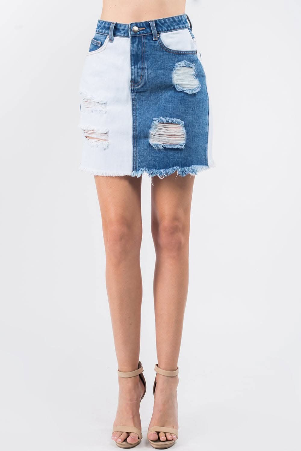 Trendsi American Bazi Frayed Denim Skirt - Casual High Waist Distressed Jean Mini Skirt