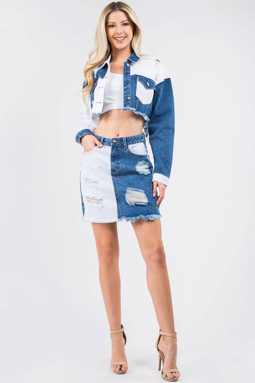 Trendsi American Bazi Frayed Denim Skirt - Casual High Waist Distressed Jean Mini Skirt