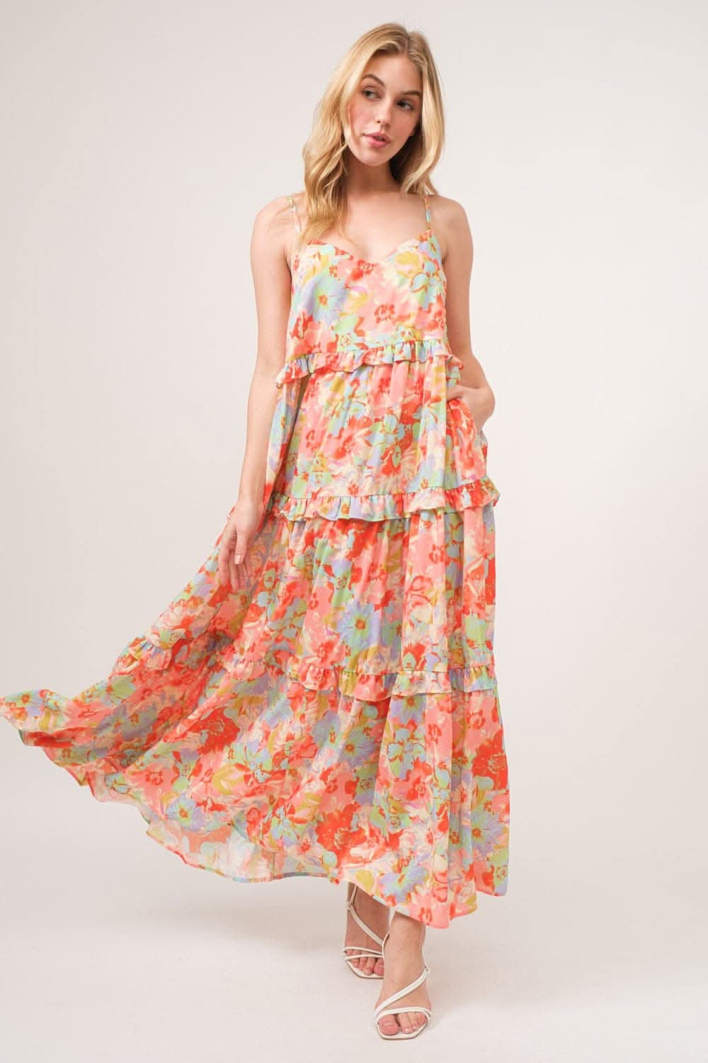Trendsi Floral Ruffled Tiered Maxi Dress - Adjustable Strap Cami Style