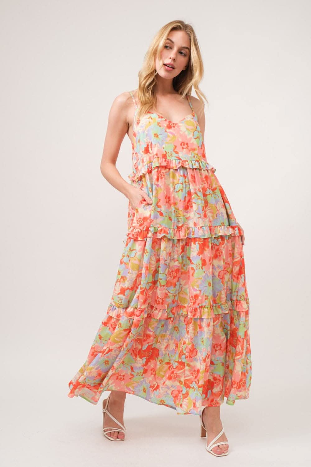 Trendsi Floral Ruffled Tiered Maxi Dress - Adjustable Strap Cami Style