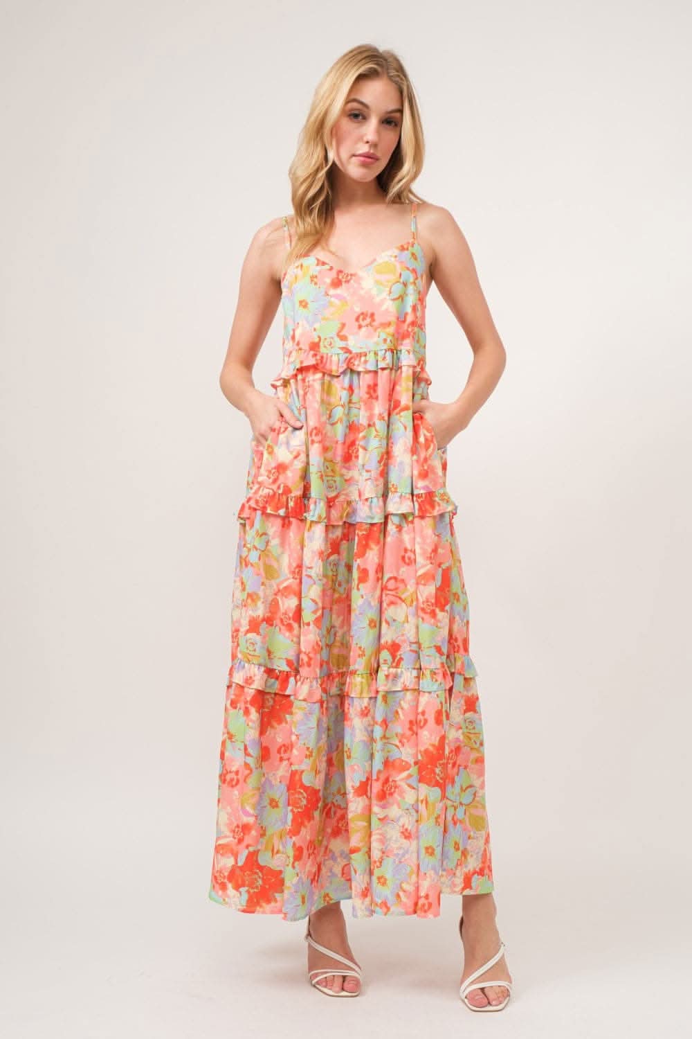 Trendsi Floral Ruffled Tiered Maxi Dress - Adjustable Strap Cami Style