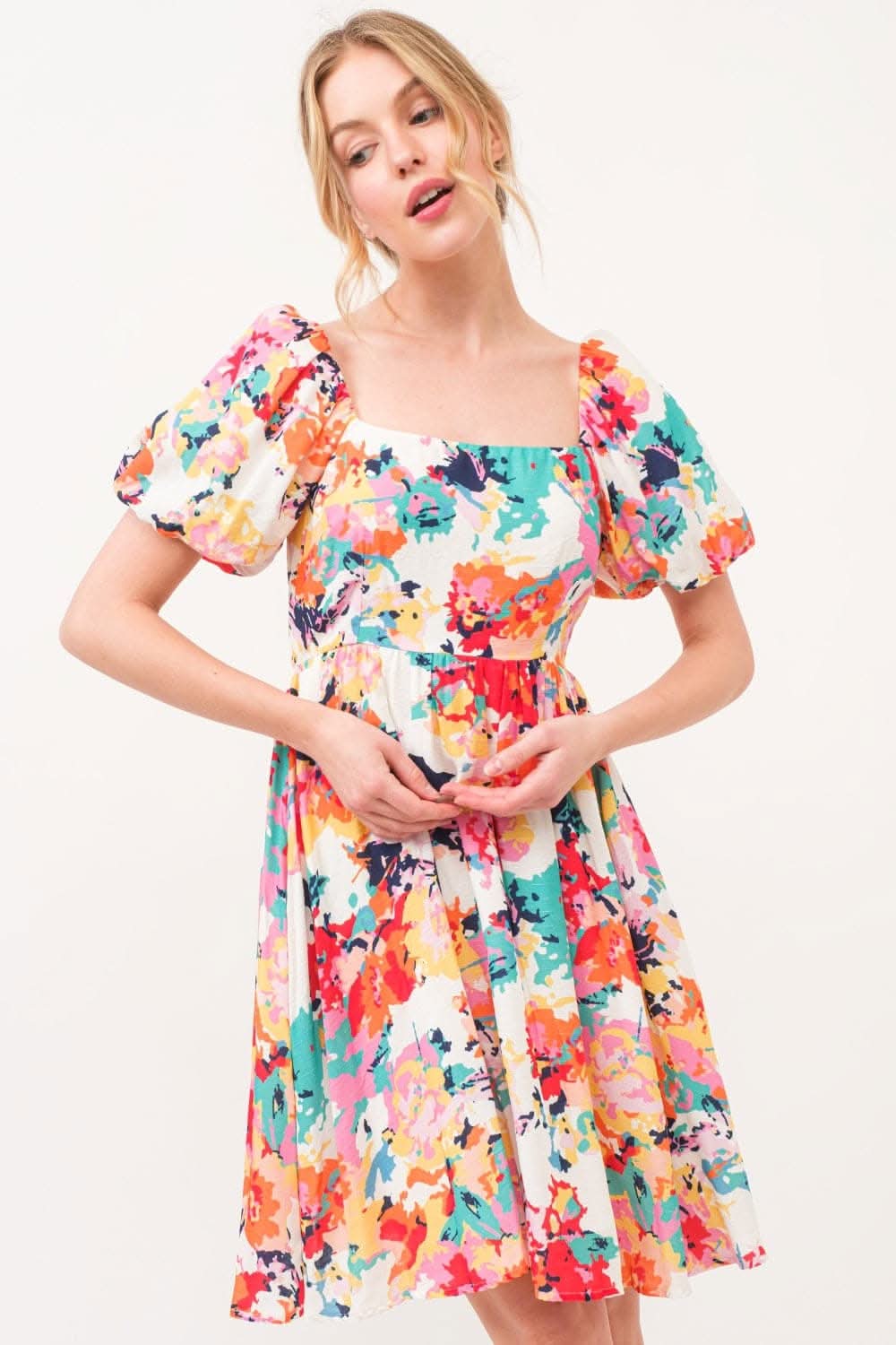 Trendsi Floral Puff Sleeve Square Neck Dress Multi M