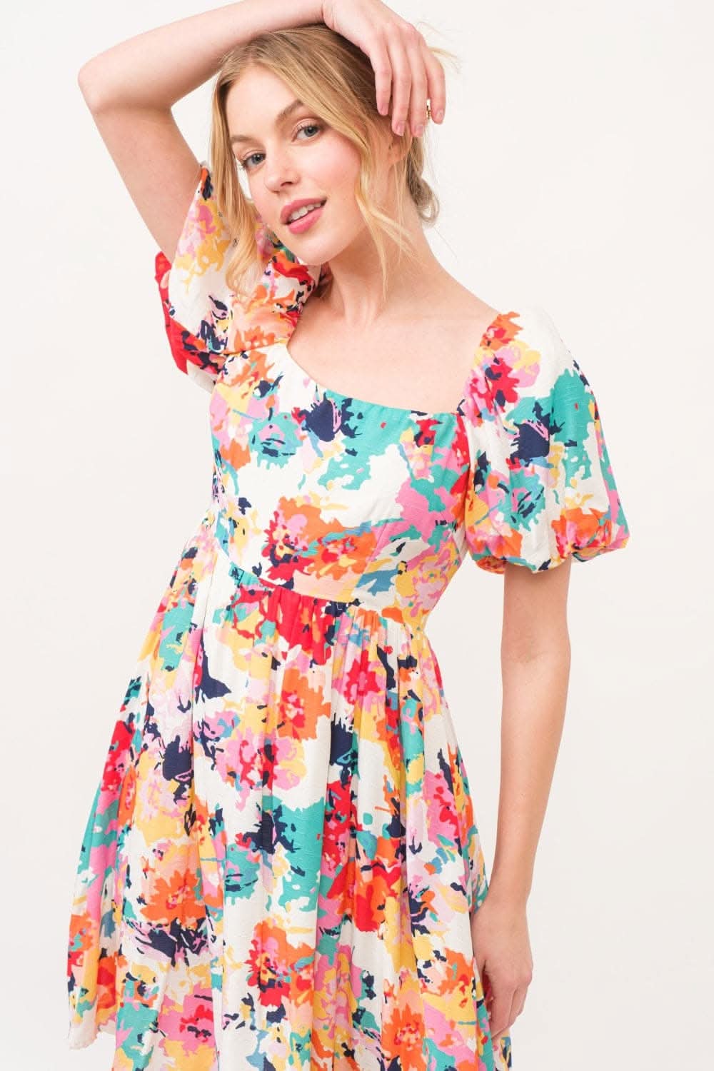 Trendsi Floral Puff Sleeve Square Neck Dress Multi M