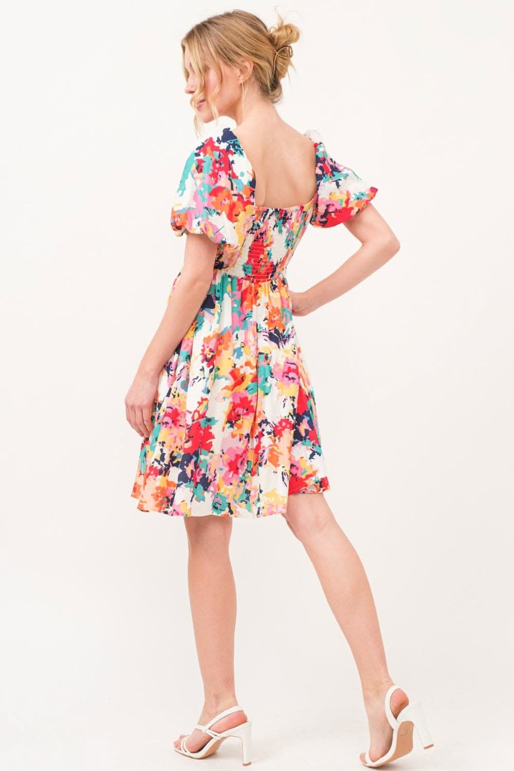 Trendsi Floral Puff Sleeve Square Neck Dress Multi M