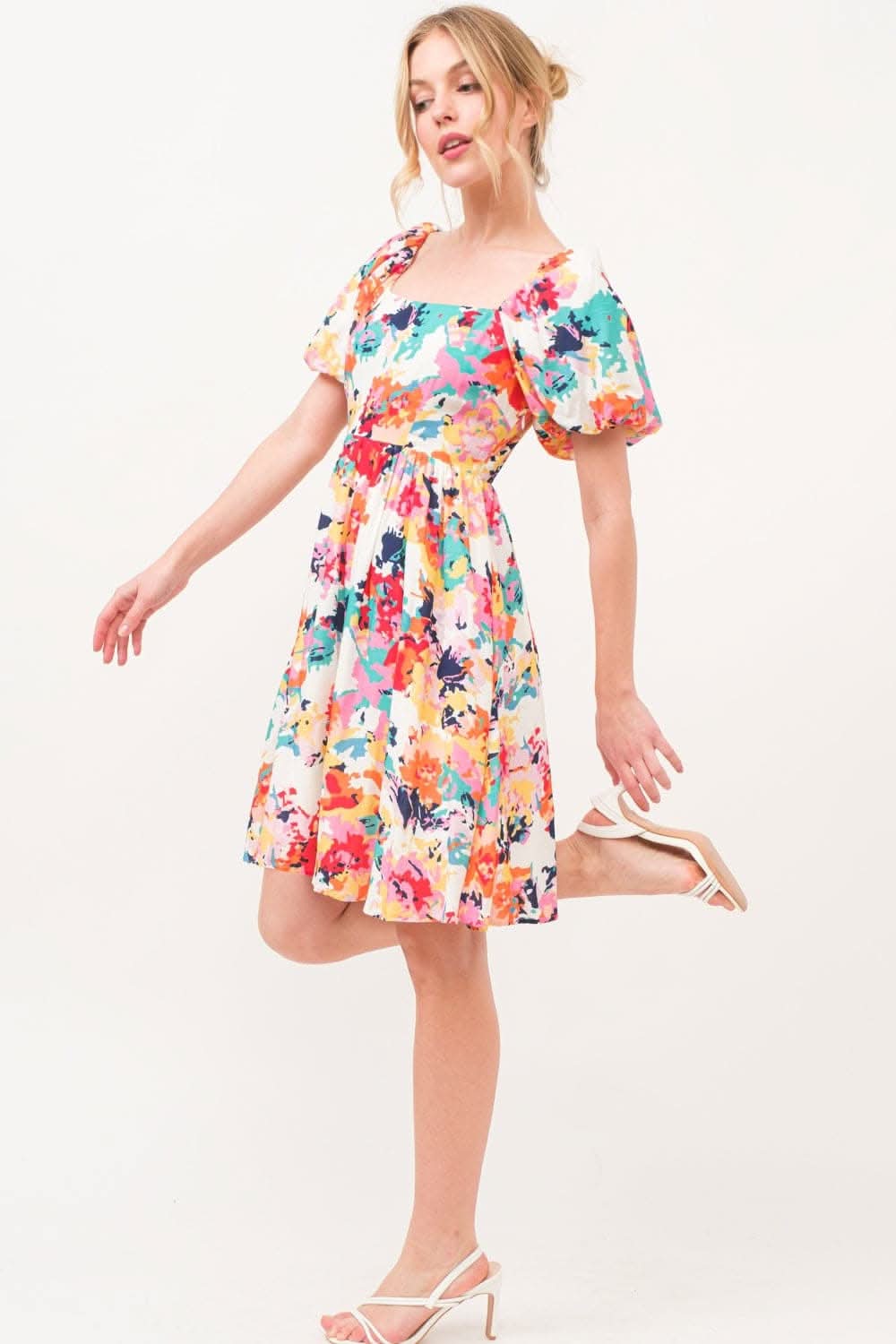 Trendsi Floral Puff Sleeve Square Neck Dress Multi M
