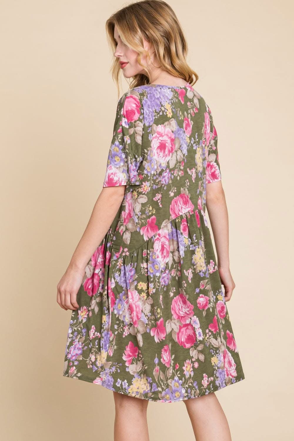 BOMBOM Flower Print V-Neck Ruched Dress for Effortless Elegance